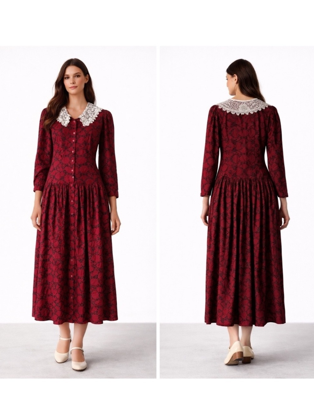 Gunne Sax Jessica McClintock Burgundy Floral Prairie Dress Lace Collar Vintage​​